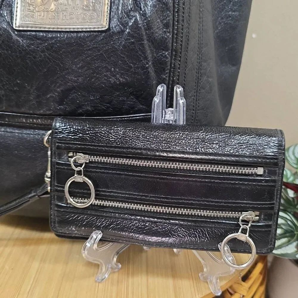Coach Poppy Black Crinkle Leather Bella Tote & Matching Wristlet Wallet F14565 - Picture 3 of 16